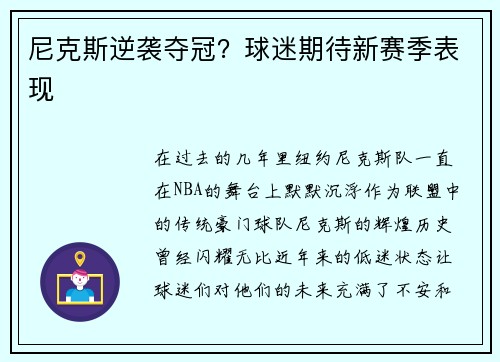 尼克斯逆袭夺冠？球迷期待新赛季表现